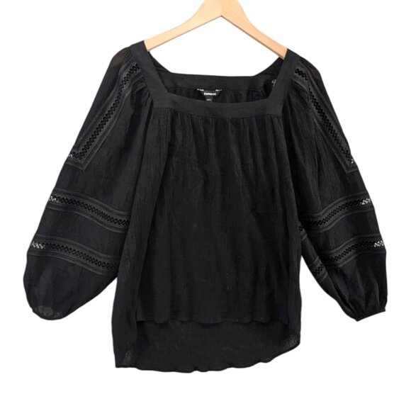 Express Square Neck Blouse Womens Black Long Balloon Sleeve Pullover Top Size S - Picture 1 of 10